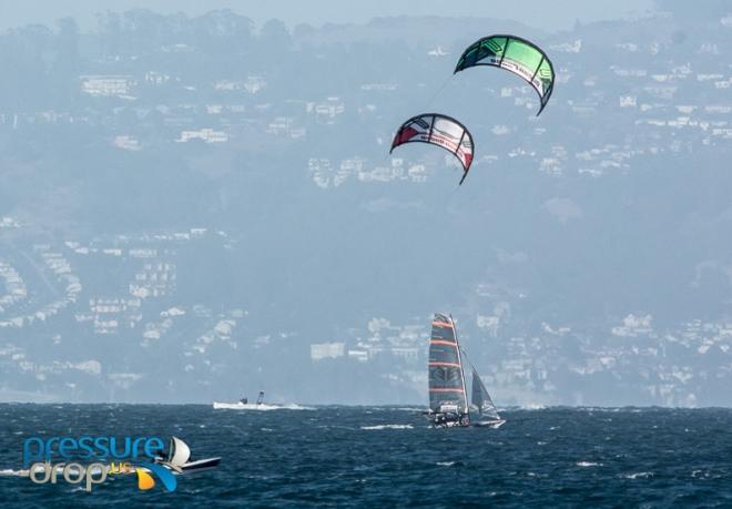 Race from Golden Gate Bridge downhill to the SF/ Oakland Bay Bridge - 2015 Ronstan Bridge © pressure-drop.us